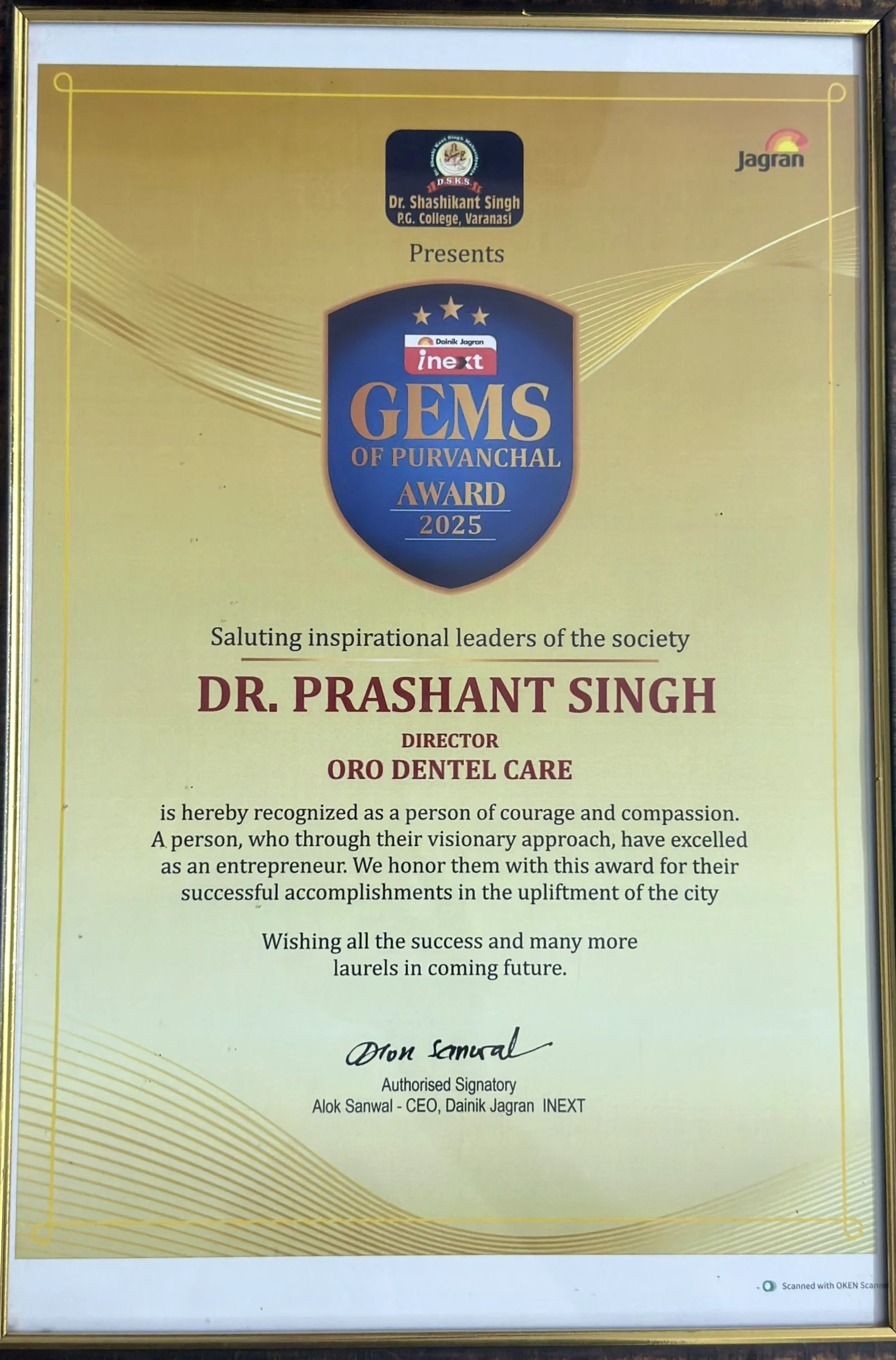 GEMS of Purvanchal Award 2025 certificate presented to Dr. Prashant Singh, Director, Oro Dental Care