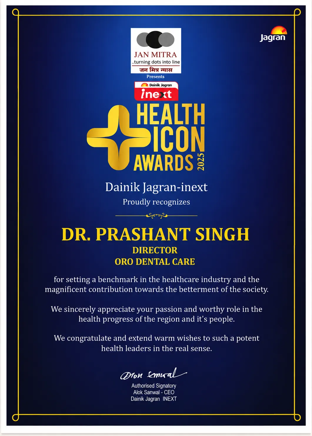 Dainik Jagran-inext Health Icon Awards 2025 certificate presented to Dr. Prashant Singh, Director, Oro Dental Care