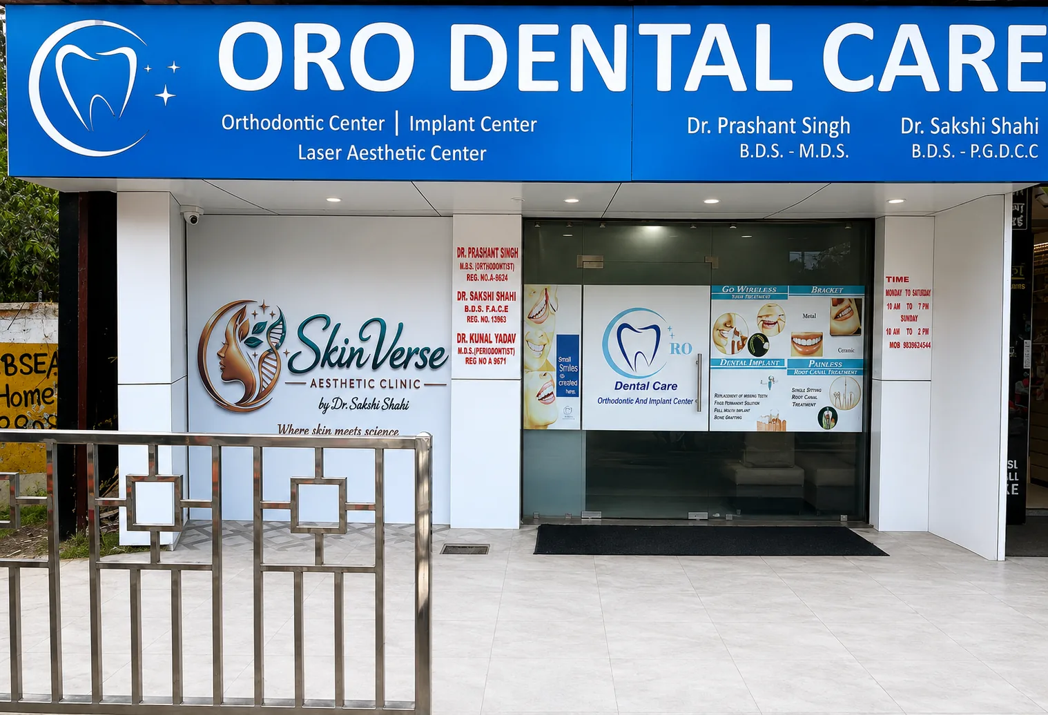 ORO Dental Care clinic entrance and signboard, Orthodontic and Implant Center Varanasi